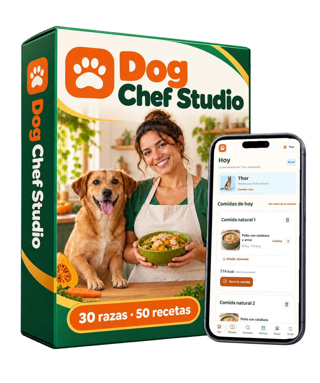 Caja del producto Dog Chef Studio con la aplicación en el celular