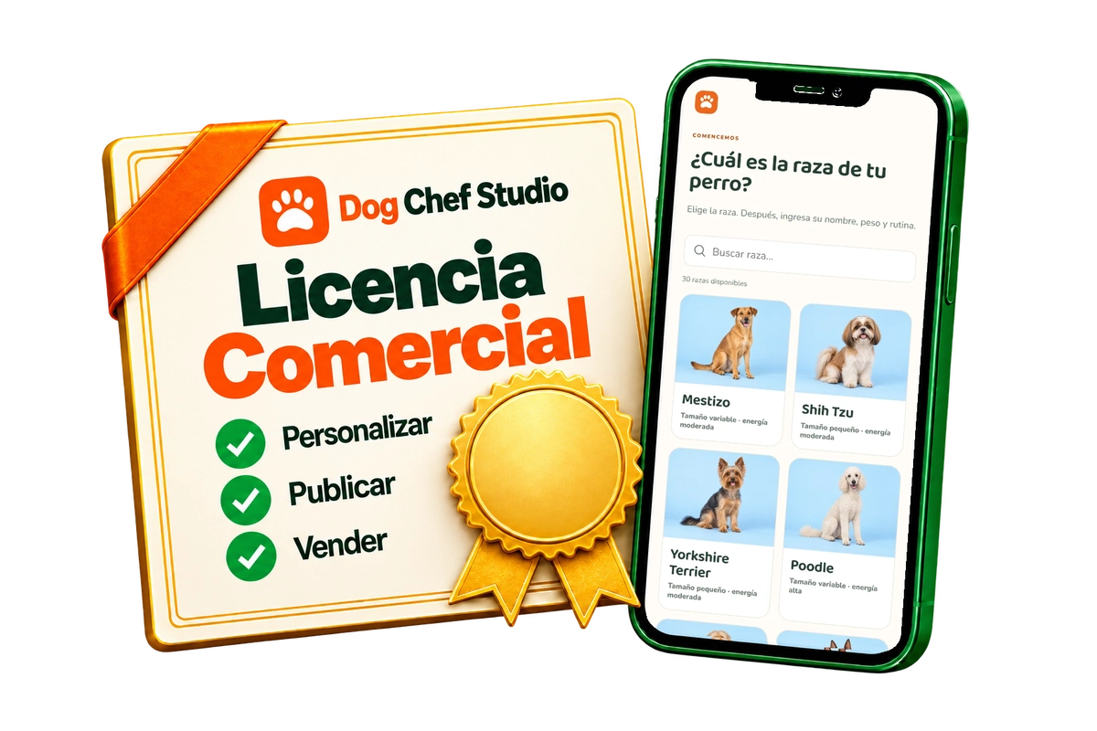 Certificado de licencia comercial del Dog Chef Studio junto a la aplicación en el celular