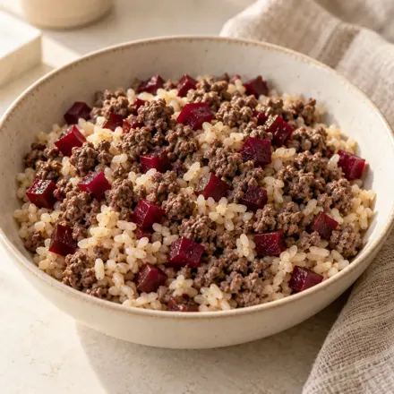 Res con arroz integral y betabel