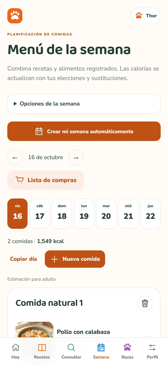 Pantalla real: menú de la semana